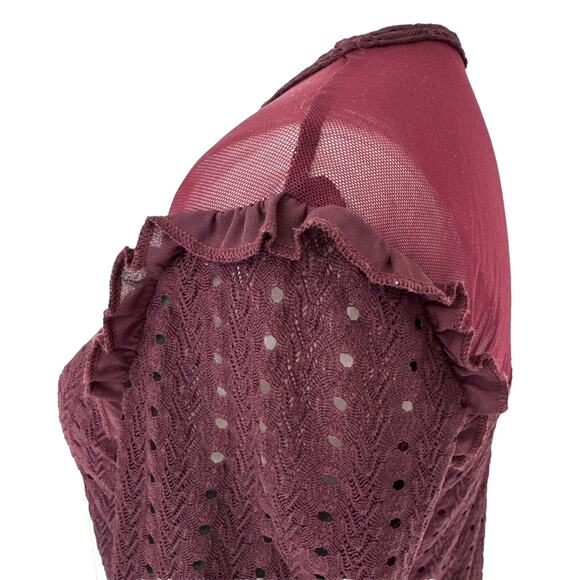 Women’s Formal Red Cocktail Lace Dress Short Mesh Ruffle Elastic Waist Sz M - Picture 7 of 11